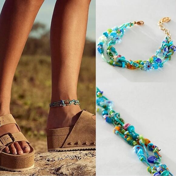 Free People Ariana Ost Marathon Anklet Neon Pop Turquoise Beaded Layered Glass - Picture 1 of 14